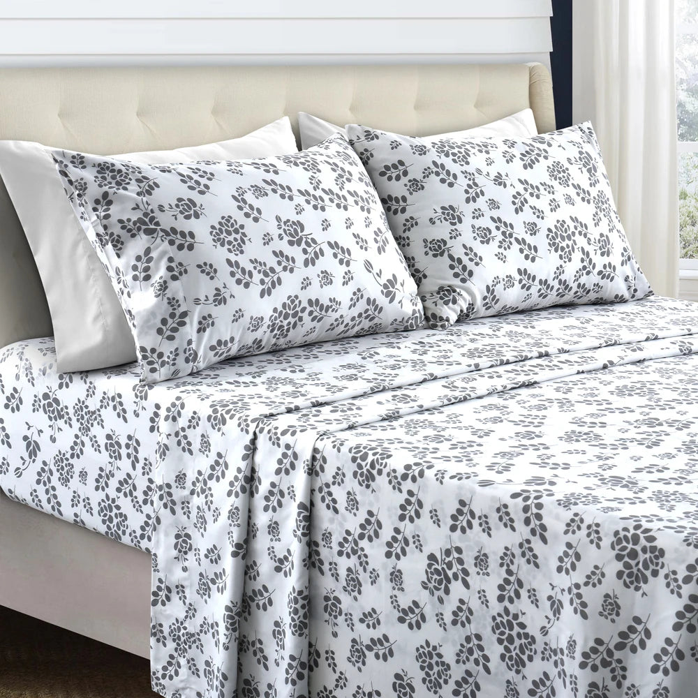 LUX Décor Floral Sheet Set - 3 Piece Ultra-Soft Microfiber Bed Sheets with Flat Sheet, 16 Inches Deep Pocket Fitted Sheet
