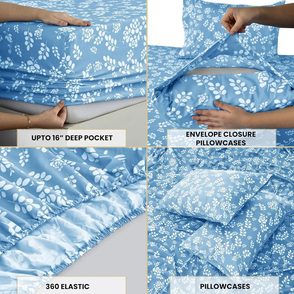 LUX Décor Floral Sheet Set - 3 Piece Ultra-Soft Microfiber Bed Sheets with Flat Sheet, 16 Inches Deep Pocket Fitted Sheet