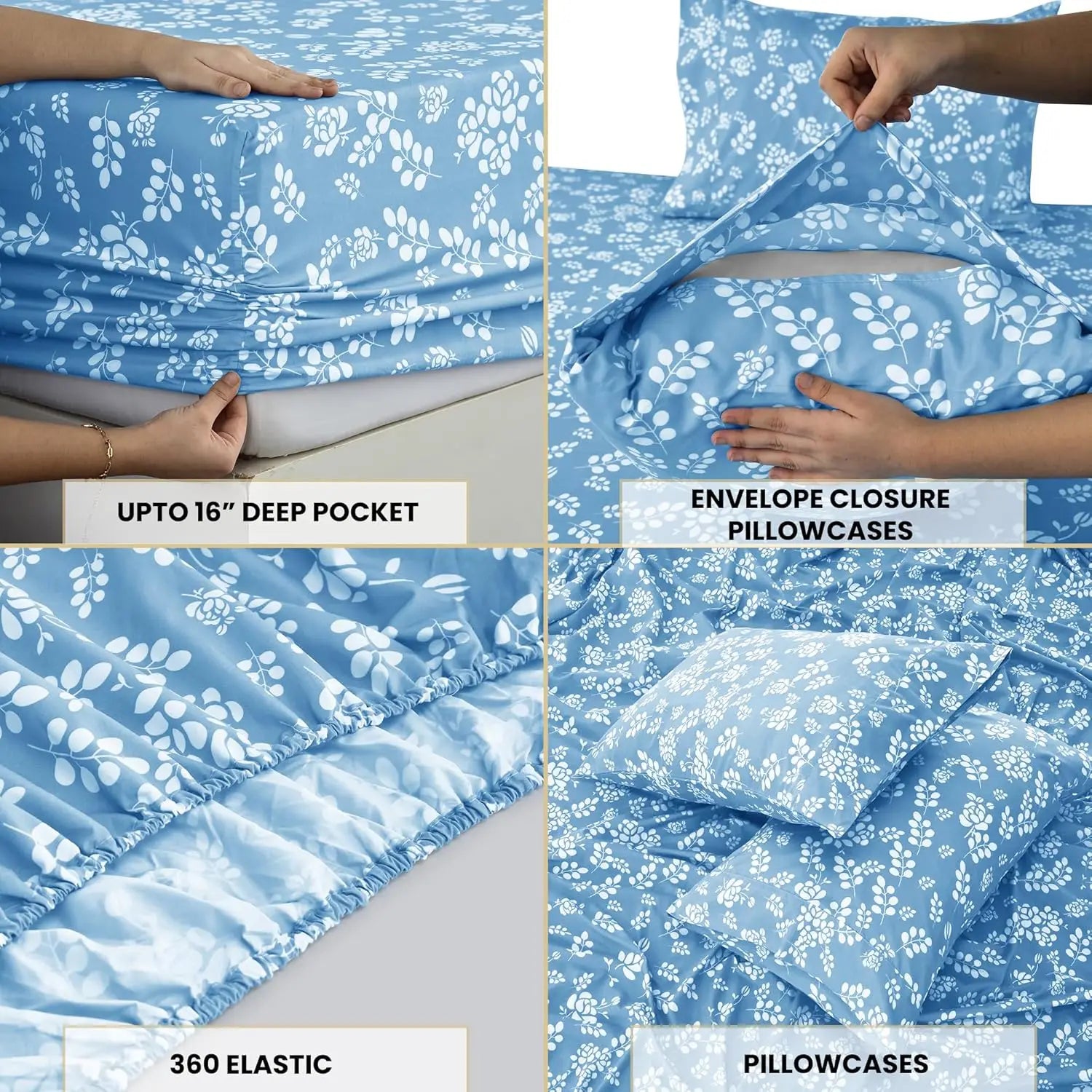 LUX Décor Floral Sheet Set - 3 Piece Ultra-Soft Microfiber Bed Sheets with Flat Sheet, 16 Inches Deep Pocket Fitted Sheet