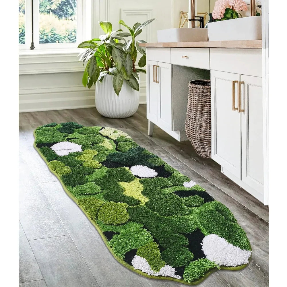 Cute Green Moss Bathroom Runner Rug  Boho Aesthetic Leaf Leaves  Non Slip Absorbent