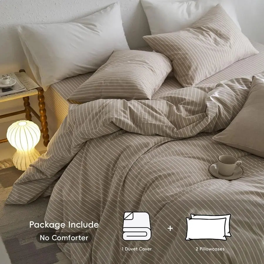 Striped Duvet Cover Set 100 Washed Cotton Linen Like Textured Breathable Durable Soft Comfy Tannish Linen Grey White Wide Stripe
