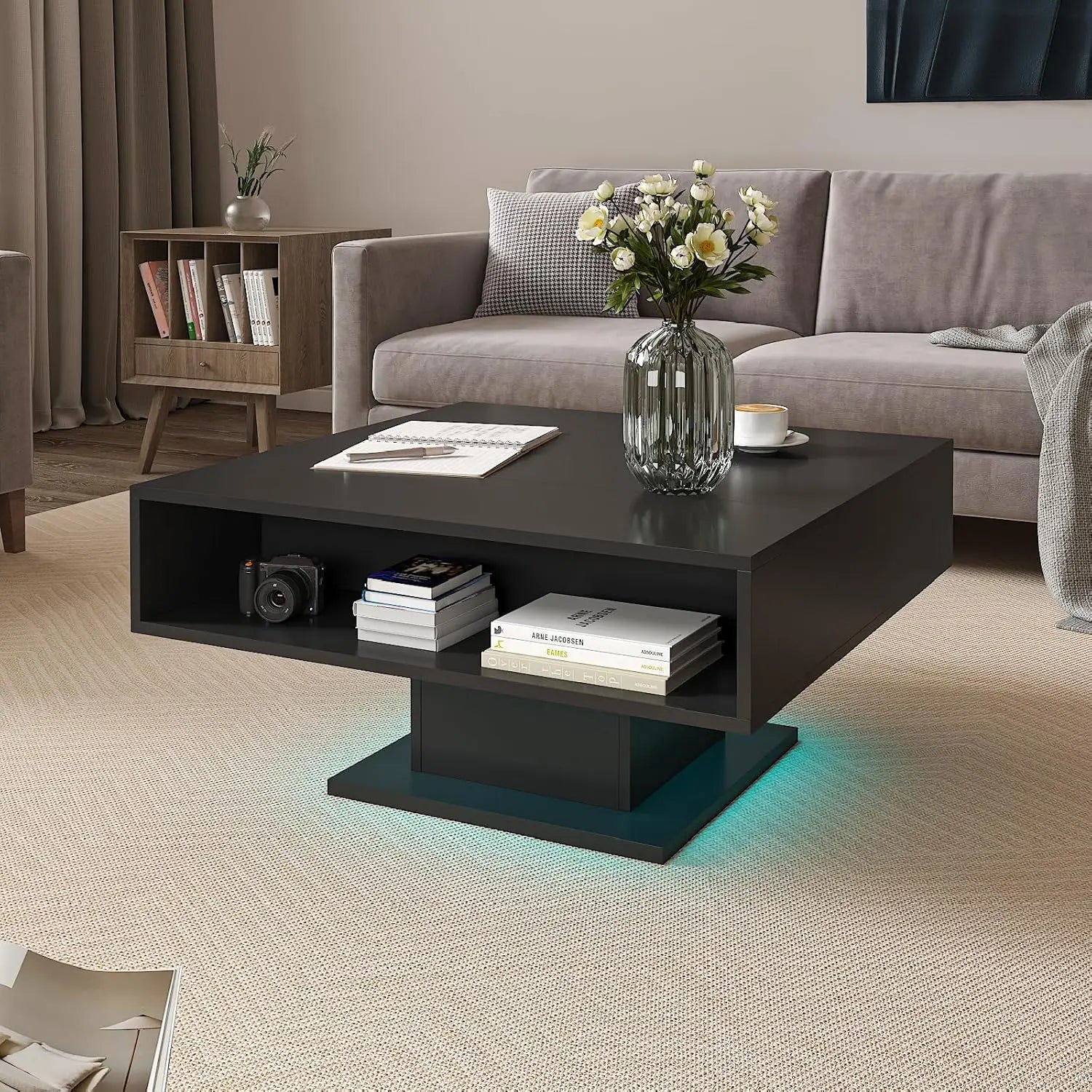 30.7" Lift Top Coffee Table with Storage, Square Black Led Coffee Table