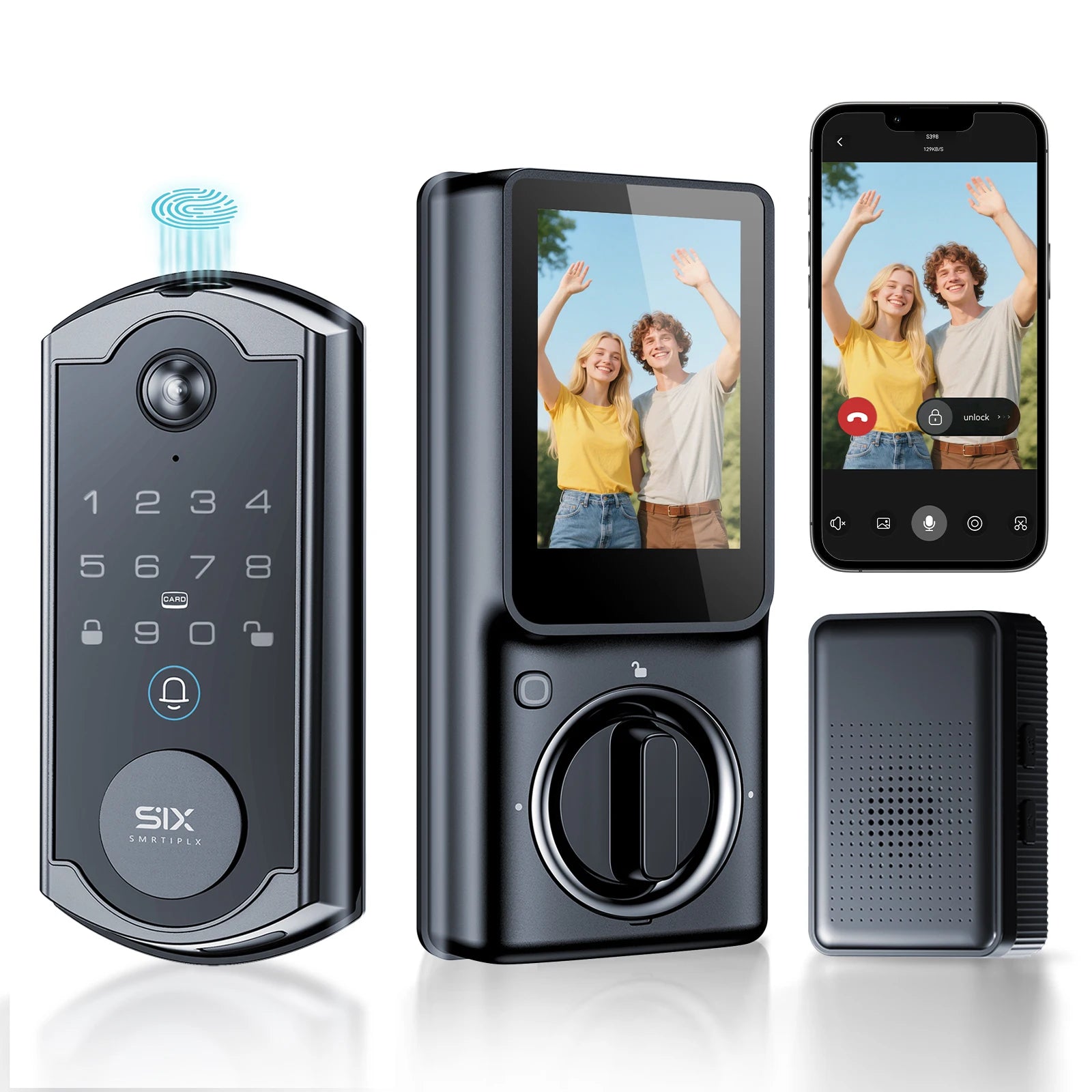 Video Smart Lock S398, 4-in-1 Camera + Video Doorbell + Fingerprint Keyless Door Lock + Indoor Display Monitor