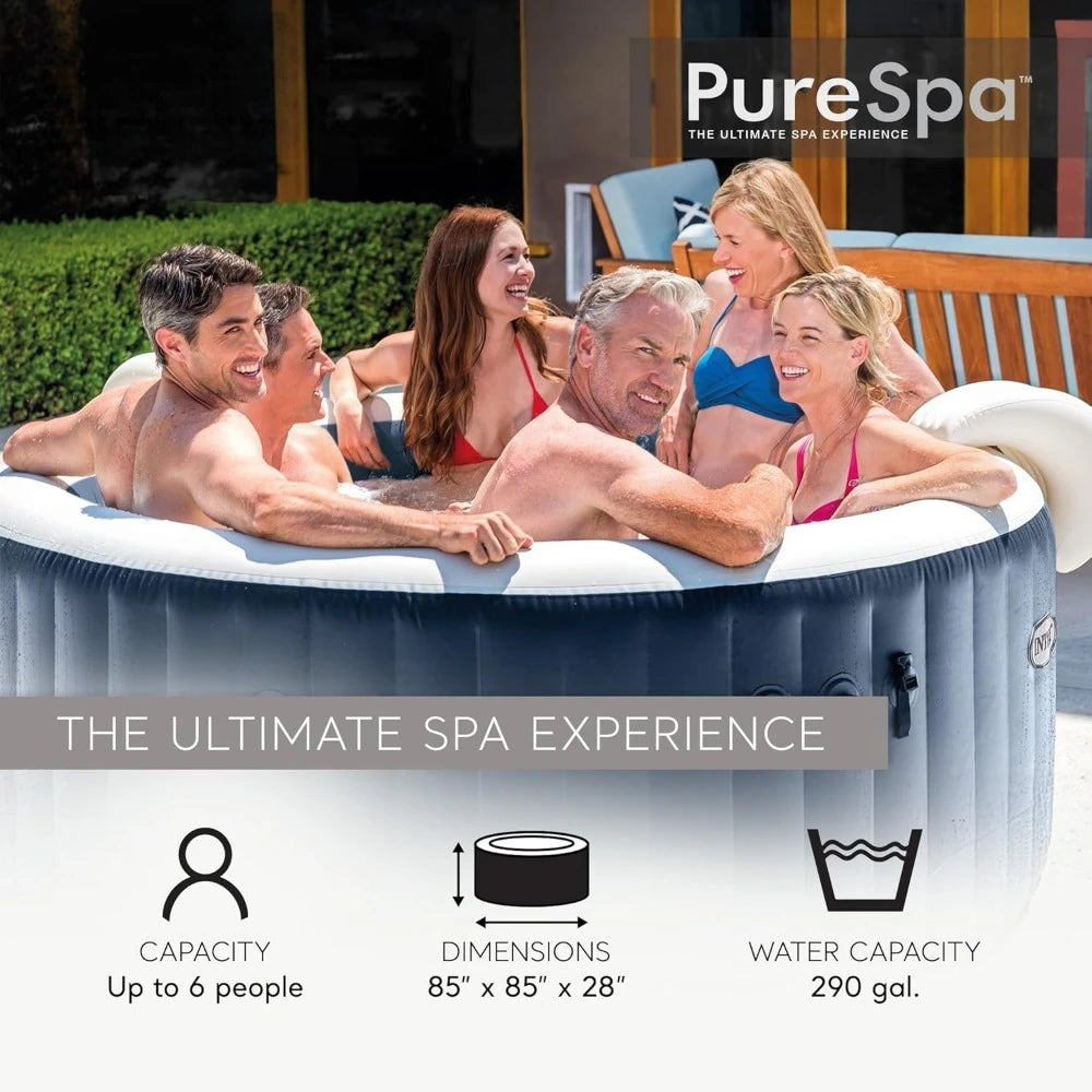 Garden Furniture-Inflatable Hot Tub Spa with Bubble Jets LED Light Cover 6 Person Air Jet Pool