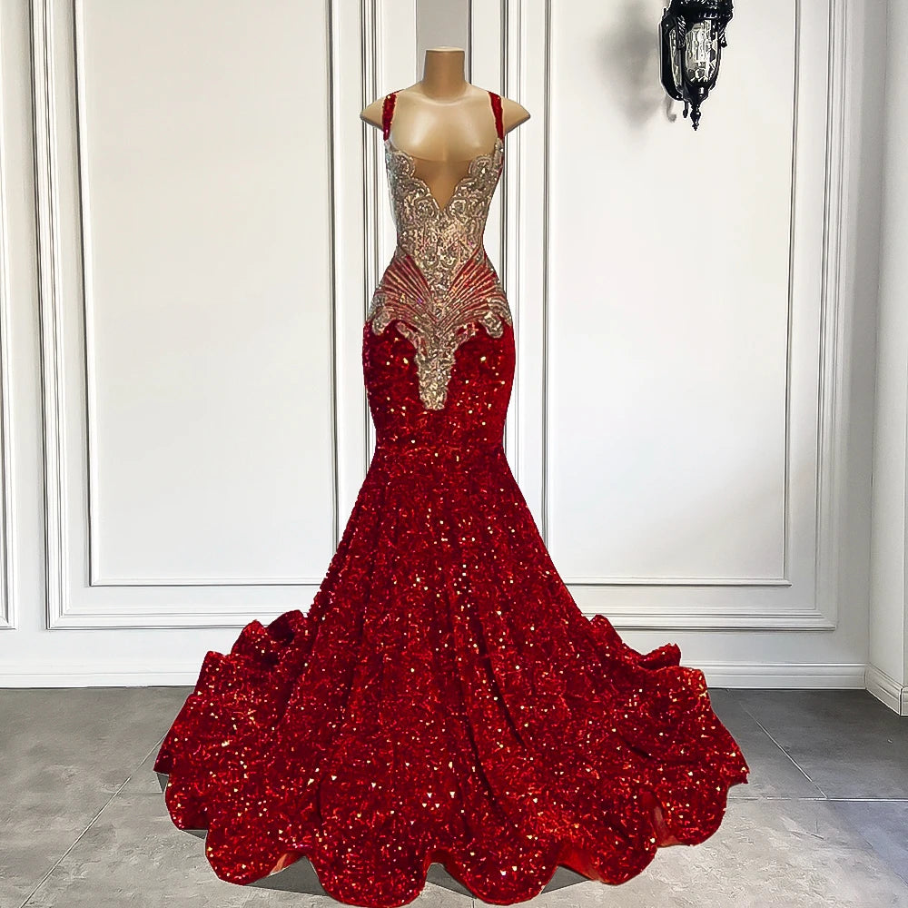 Gorgeous Long Prom Dresses 2026 Mermaid Style Luxury Sparkly Silver Crystals Red Sequin