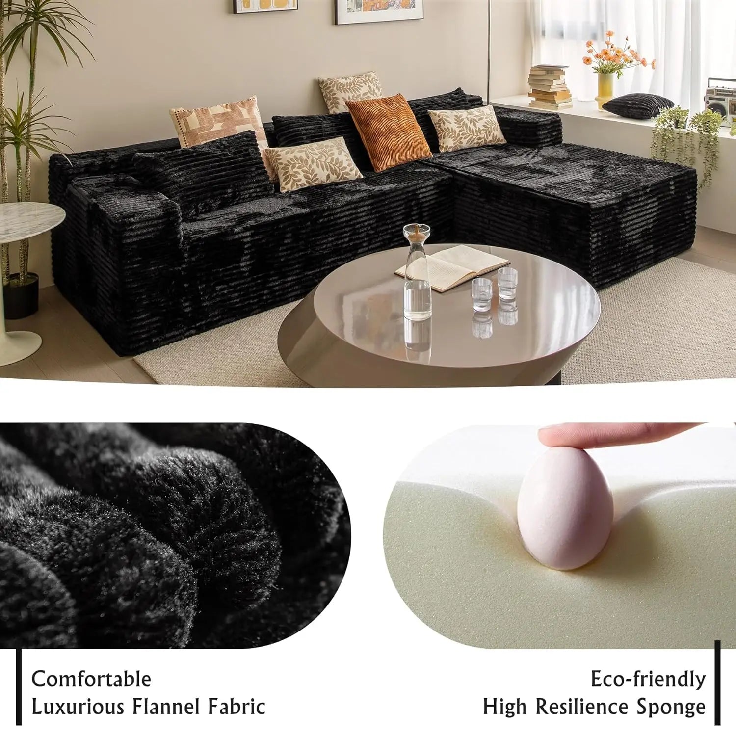 Black sectional couches for Living Room Corduroy Couch，104" Cloud Sectional Couch with L-Shape Chaise， Modern, Customized
