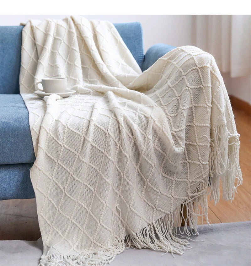 Knitted Thow With Tassels Chunky Vintage Luxury Farmhouse Throw