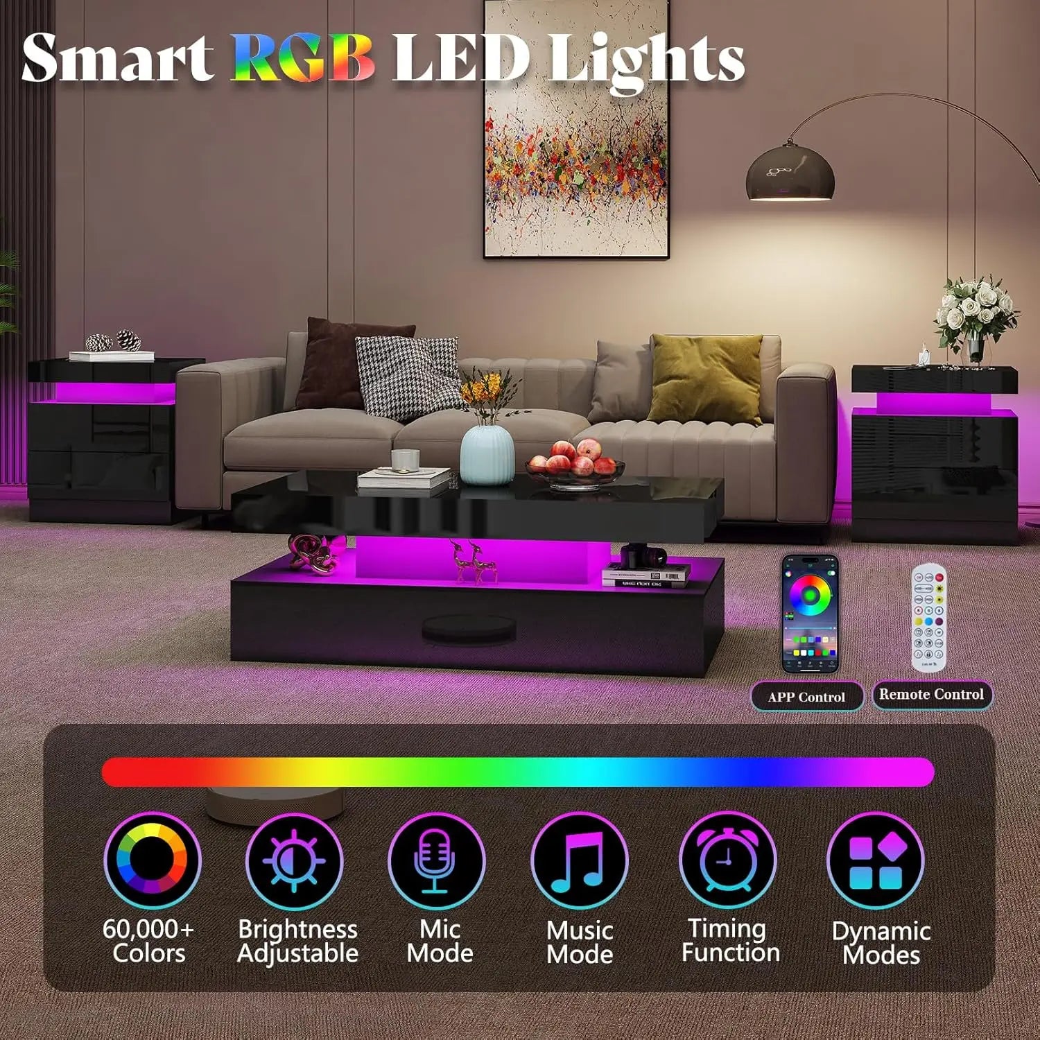 High Gloss LED Coffee Table, Modern 2-Tier Center Table with LED Lights,, 40in Simple, Customized