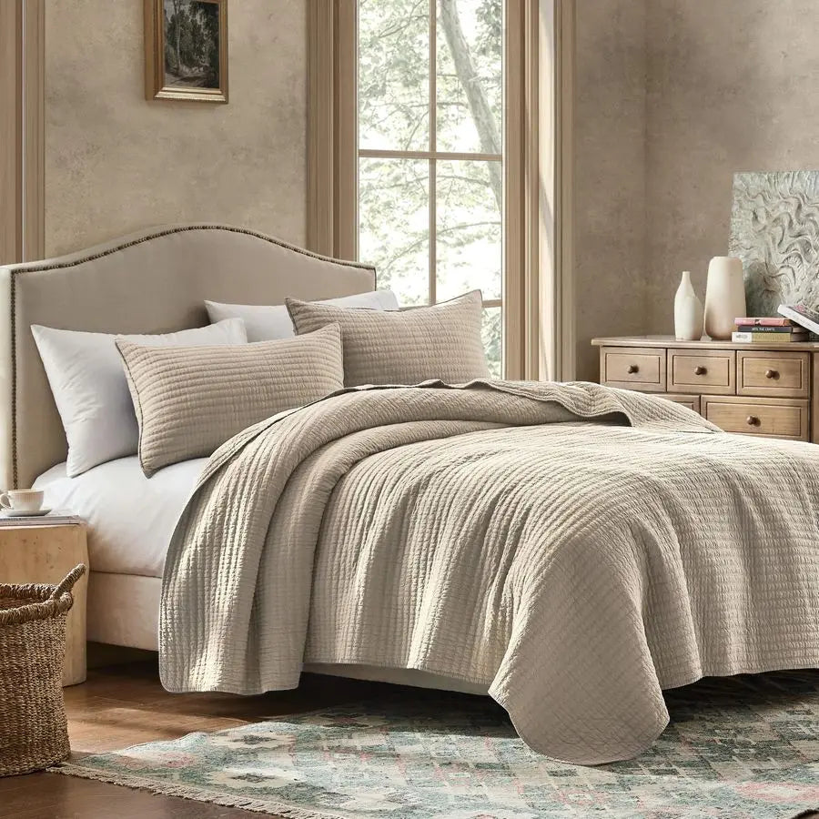100 Cotton Queen Size Quilt Set Beige Neutral Striped Pick Stitch Soft Lightweight Bedspread, Textured Like Linen, Farmhouse Cou