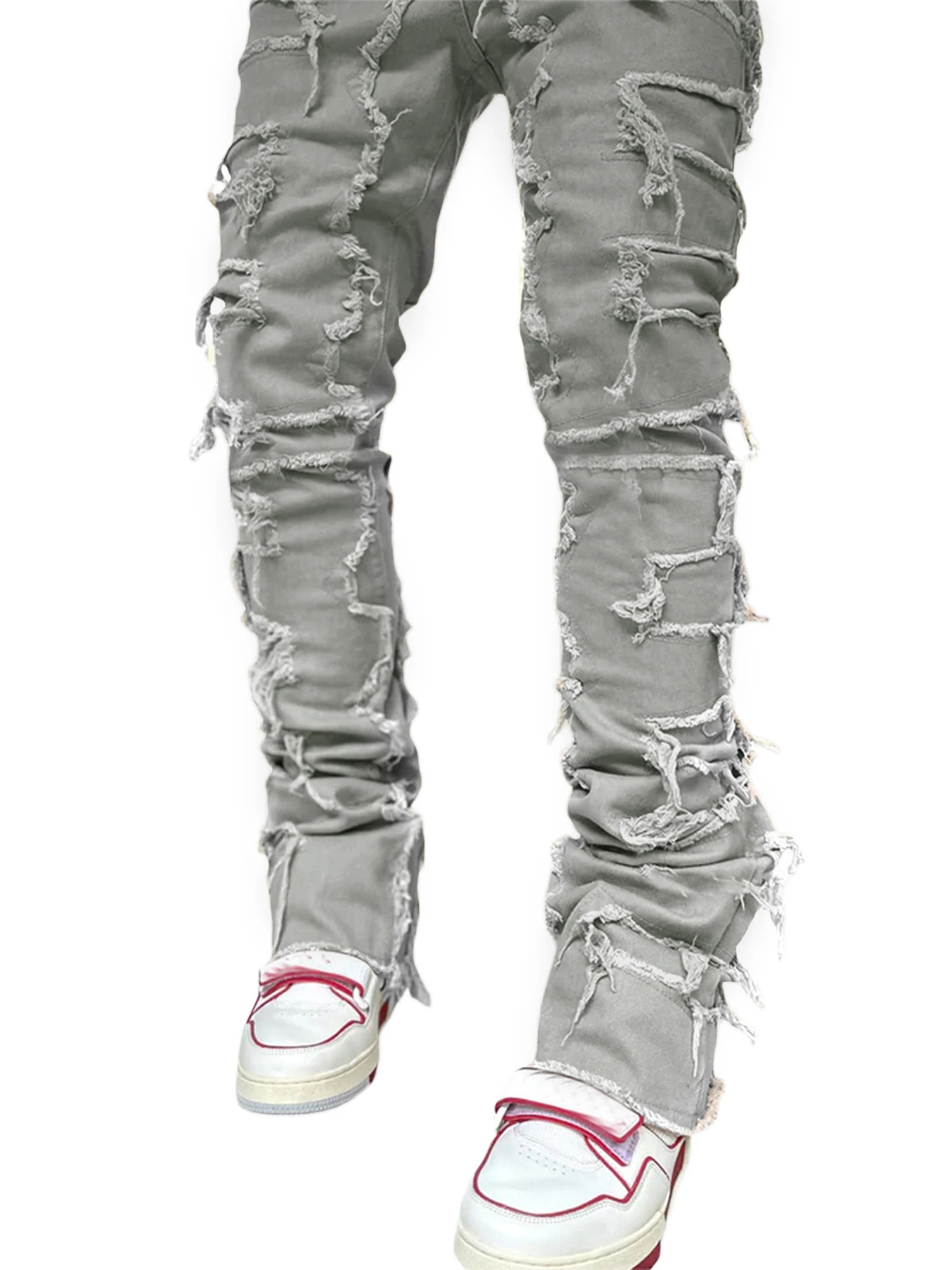 Men Skinny Pants Vintage Patch Frayed Denim Pants Spring Fall Casual Leggings Trousers with Pockets