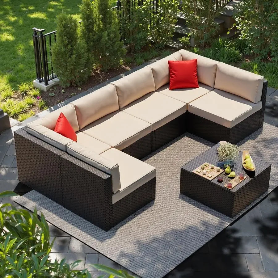 7 Pieces Patio Furniture Sets Outdoor AllWeather Sectional Patio Sofa Set PE Rattan Manual Weaving Wicker Patio Conversation Se