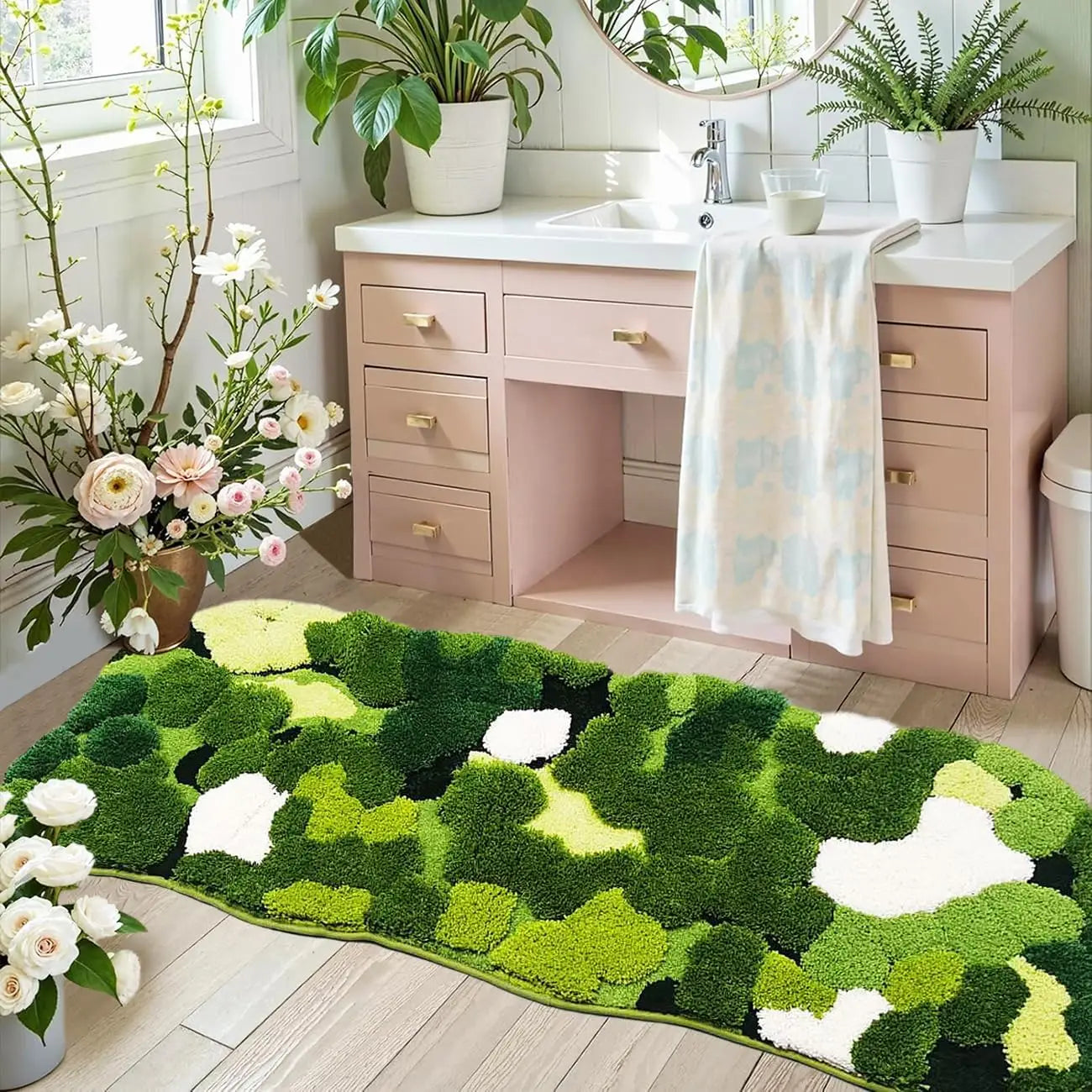Cute Green Moss Bathroom Runner Rug  Boho Aesthetic Leaf Leaves  Non Slip Absorbent