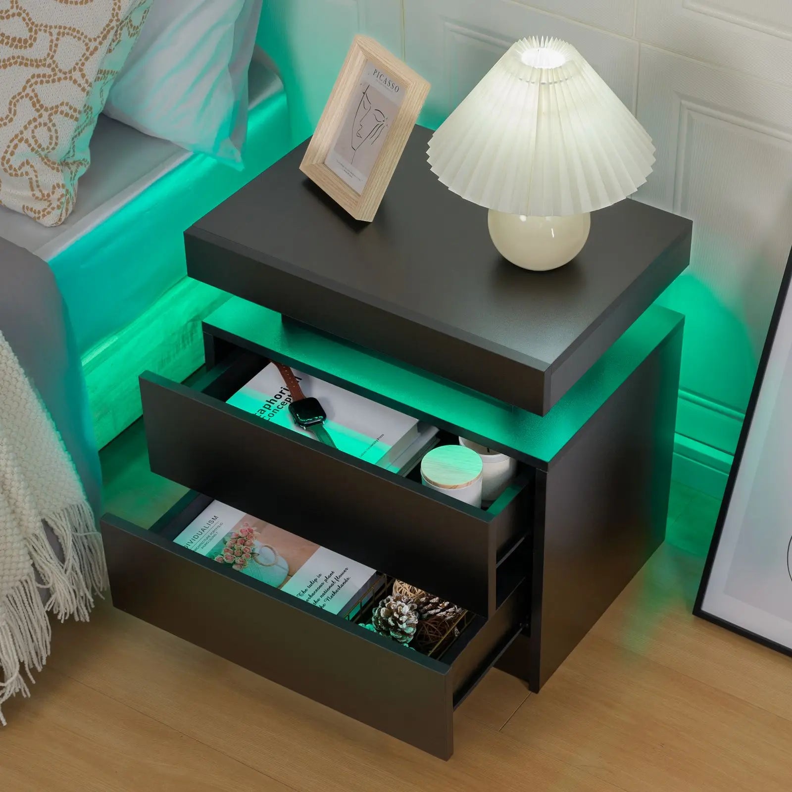Cubehom LED Nightstand or End Table with 2 Drawers, RGB LED Lights