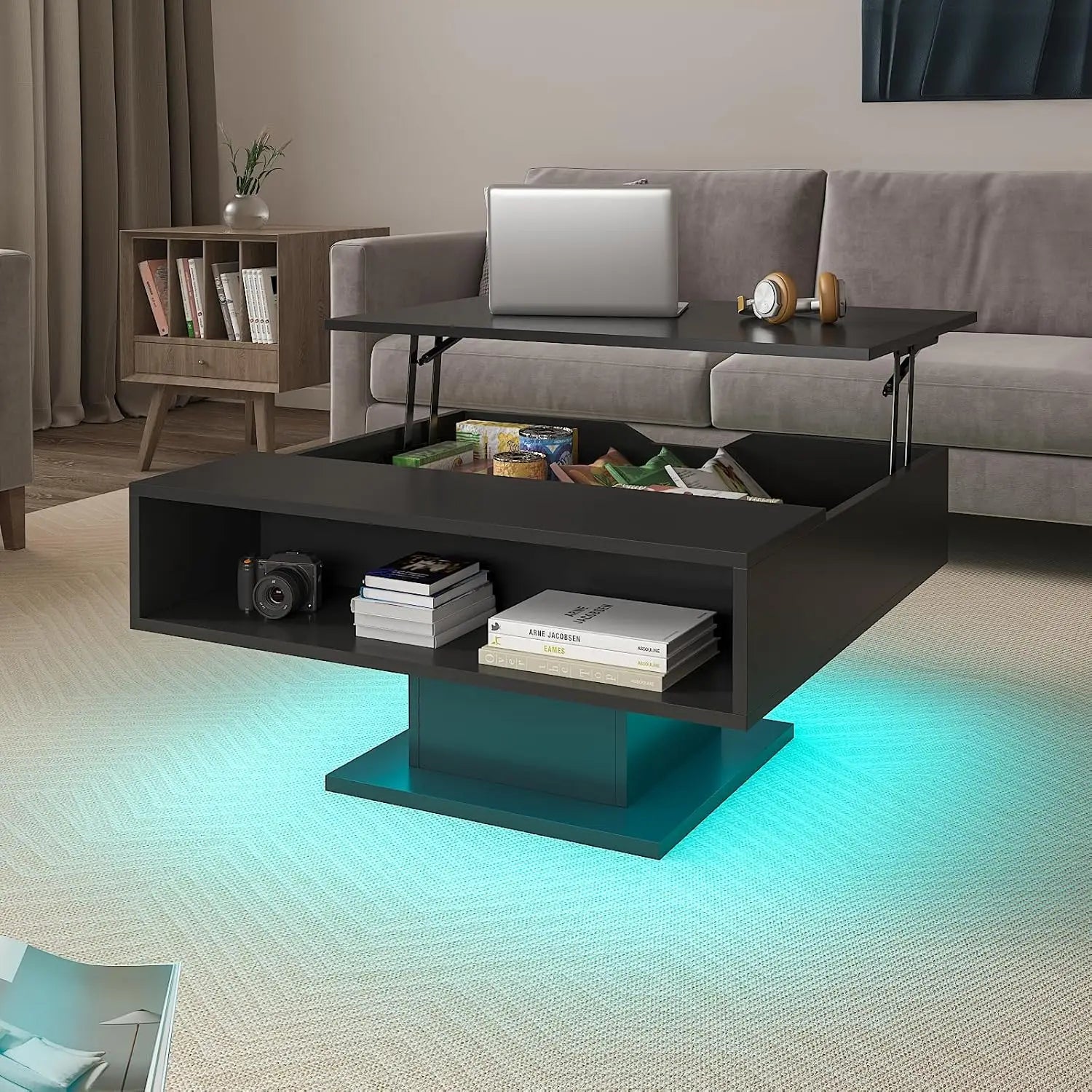 30.7" Lift Top Coffee Table with Storage, Square Black Led Coffee Table