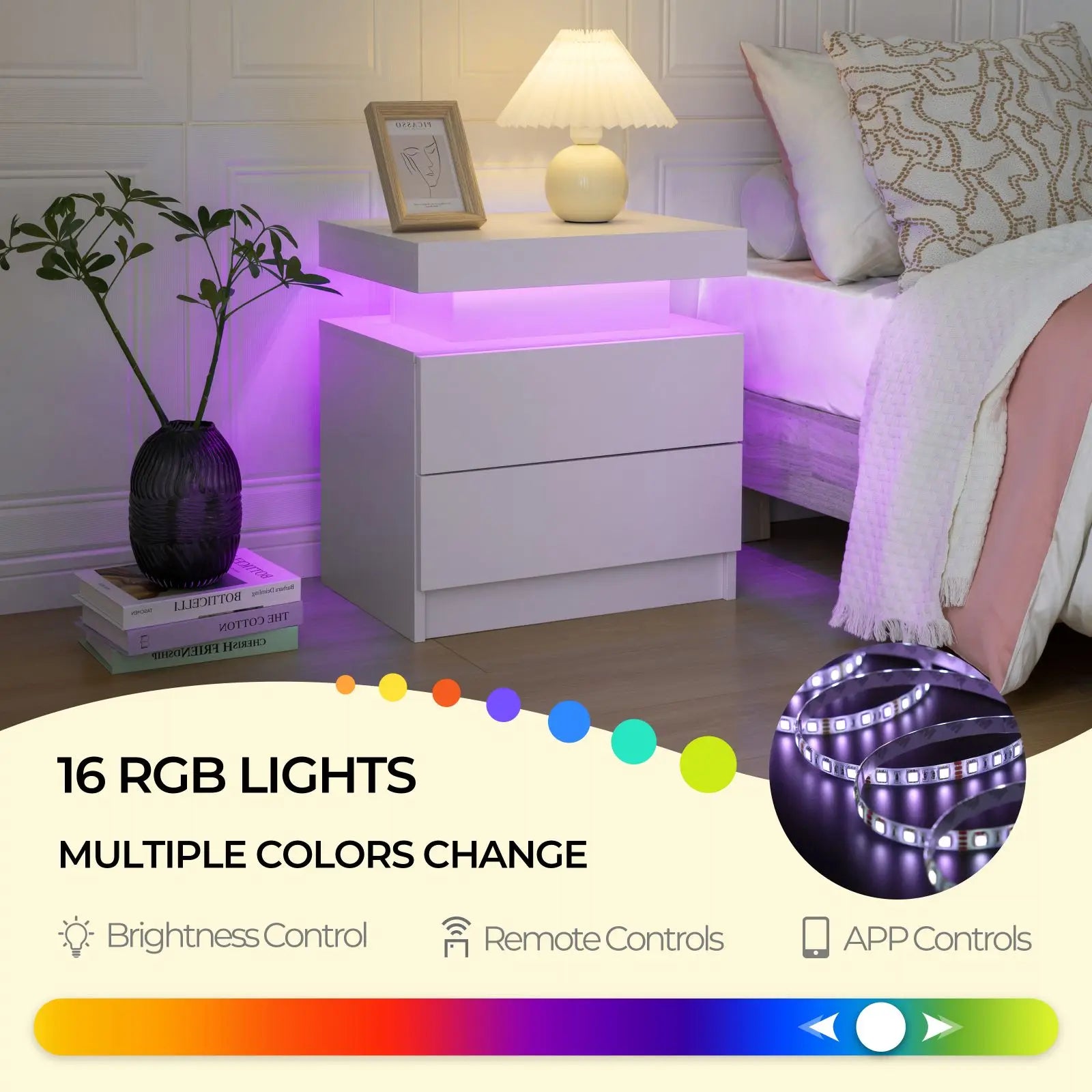 Cubehom LED Nightstand or End Table with 2 Drawers, RGB LED Lights