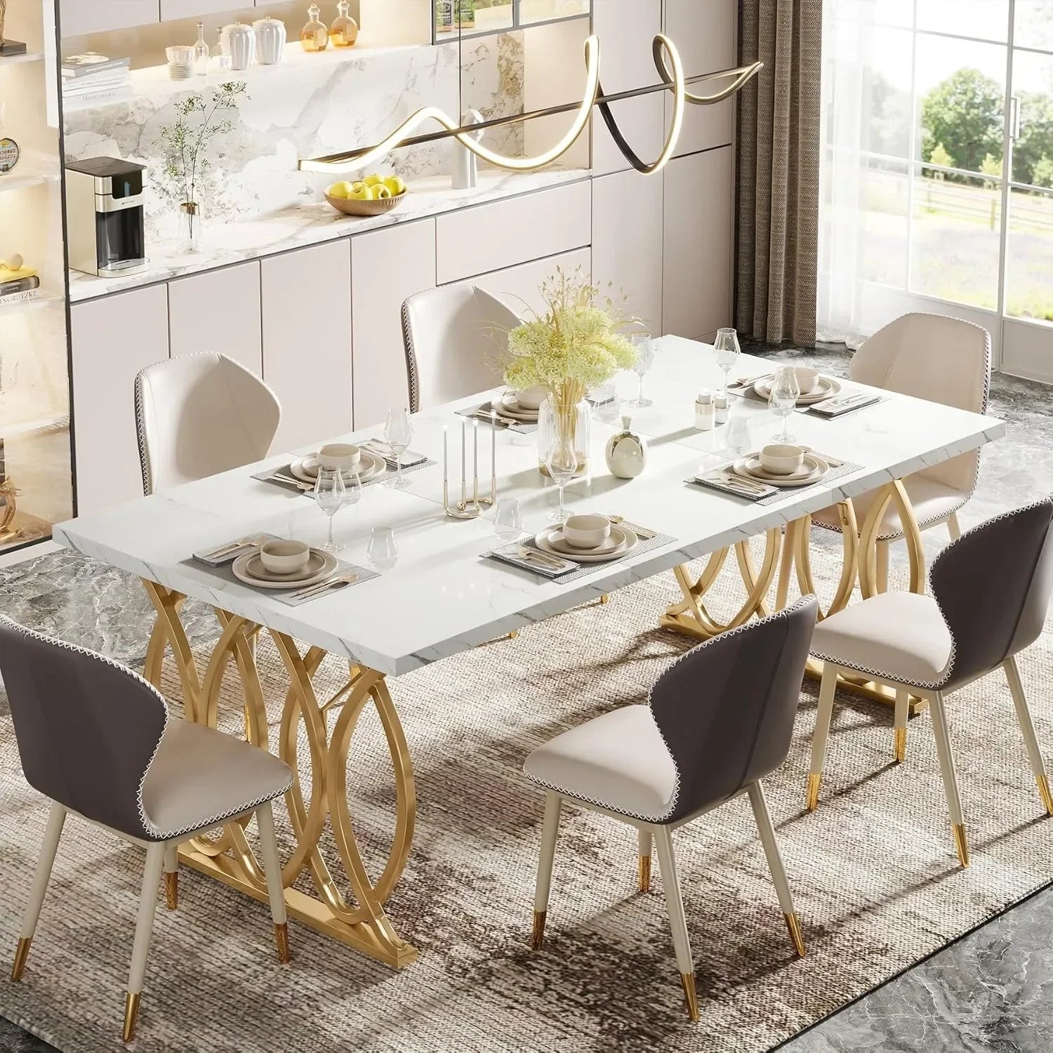 Modern Dining  or Kitchen Table for 4-6 People, Unique Rectangular Table