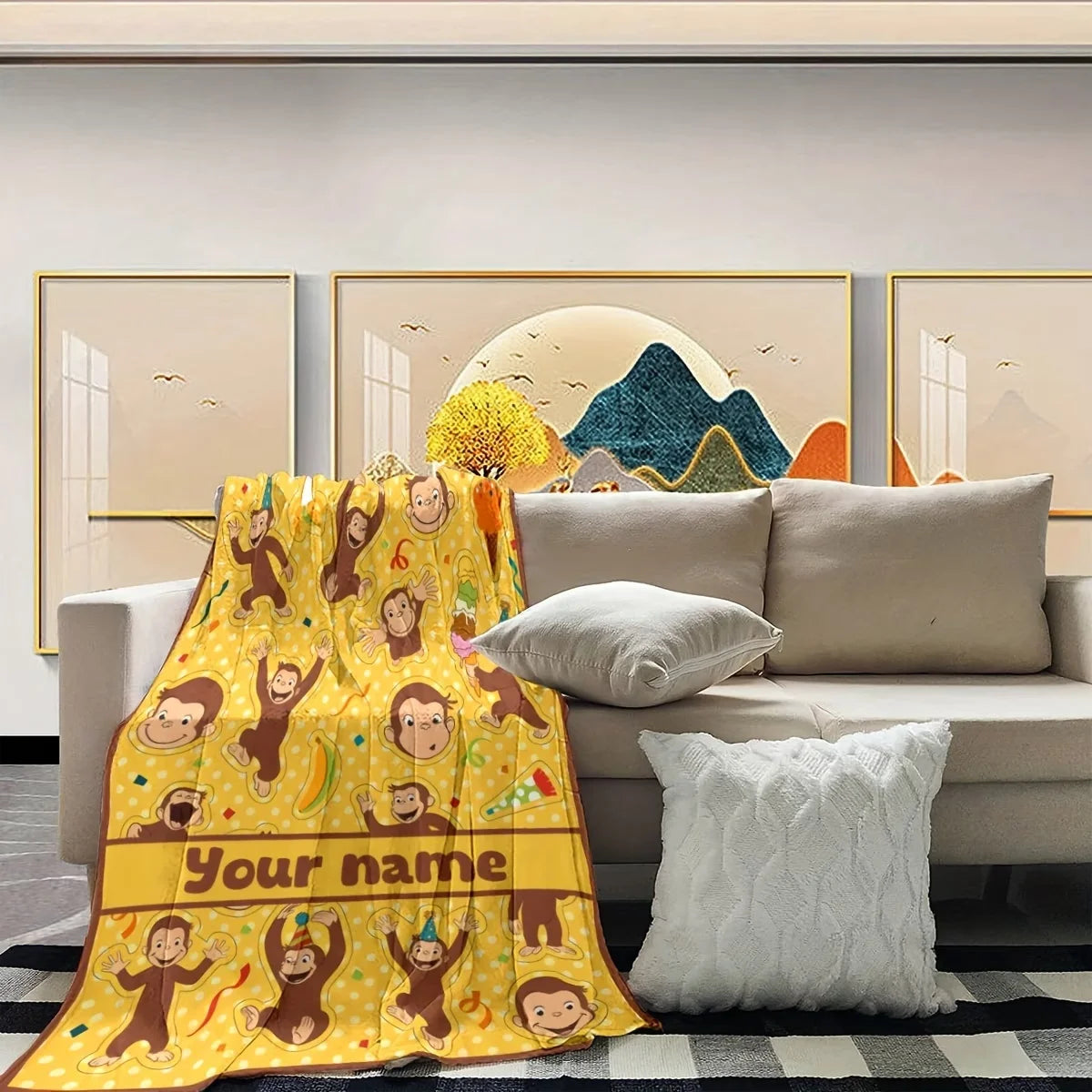 Personalized Custom Name Blanket - Soft Flannel Throw with Cute Cartoon Monkeys, Bananas & Party Hats -  All-Season Cozy Gift fo