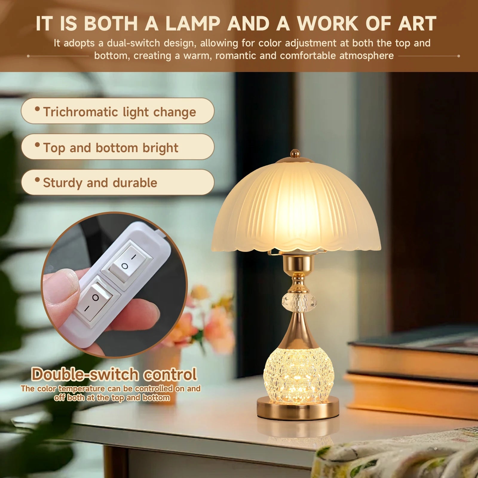 Bedside Table Lamp Petal Light Luxury Crystal Push Button Switch Control Dimming
