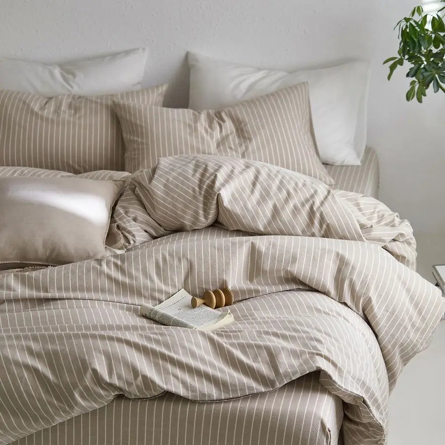 Striped Duvet Cover Set 100 Washed Cotton Linen Like Textured Breathable Durable Soft Comfy Tannish Linen Grey White Wide Stripe