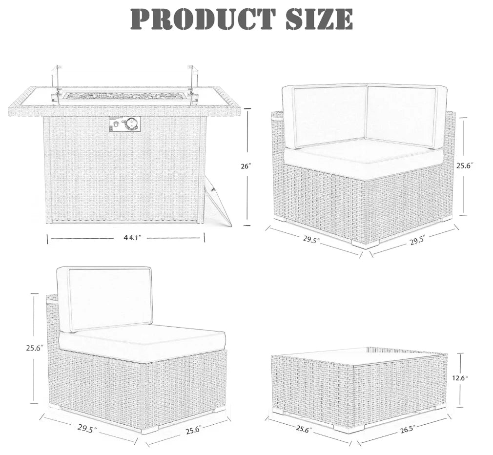 8 Pieces Patio Furniture Set With 44" Propane Fire Pit Table, Outdoor Sectional Wicker Conversation Sofa Sets with Coffee Table