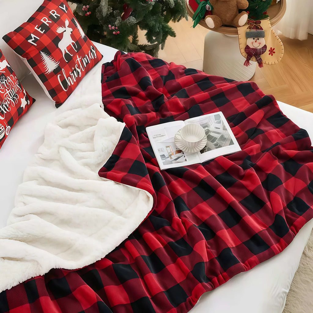 1pc Cozy Sherpa Fleece Buffalo Plaid Blanket -  Machine Washable,