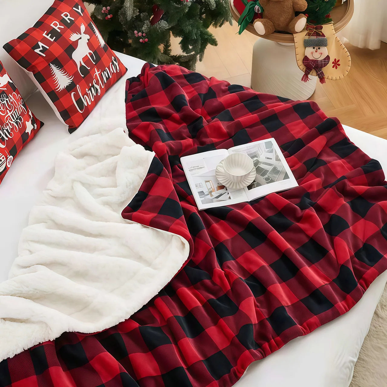 1pc Cozy Sherpa Fleece Buffalo Plaid Blanket -  Machine Washable,