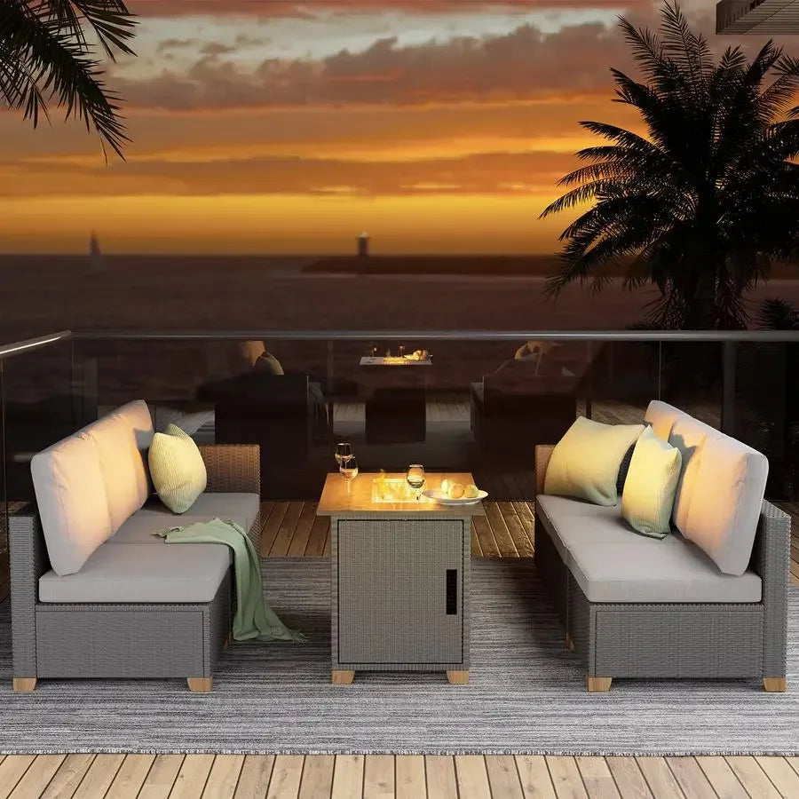 5 Pieces Wicker Outdoor Furniture Set,Patio Furniture Set with CSA Certification Fire Pit Table,Modular Sectional Sofa Sets wit
