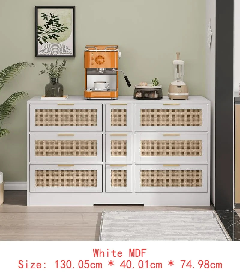 51.2” White Rattan Storage Locker with 9 Drawers and Metal Handles for Kitchen, Living Room, and Bedroom