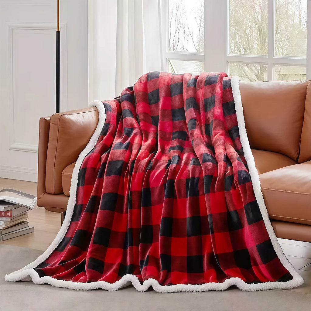 1pc Cozy Sherpa Fleece Buffalo Plaid Blanket -  Machine Washable,