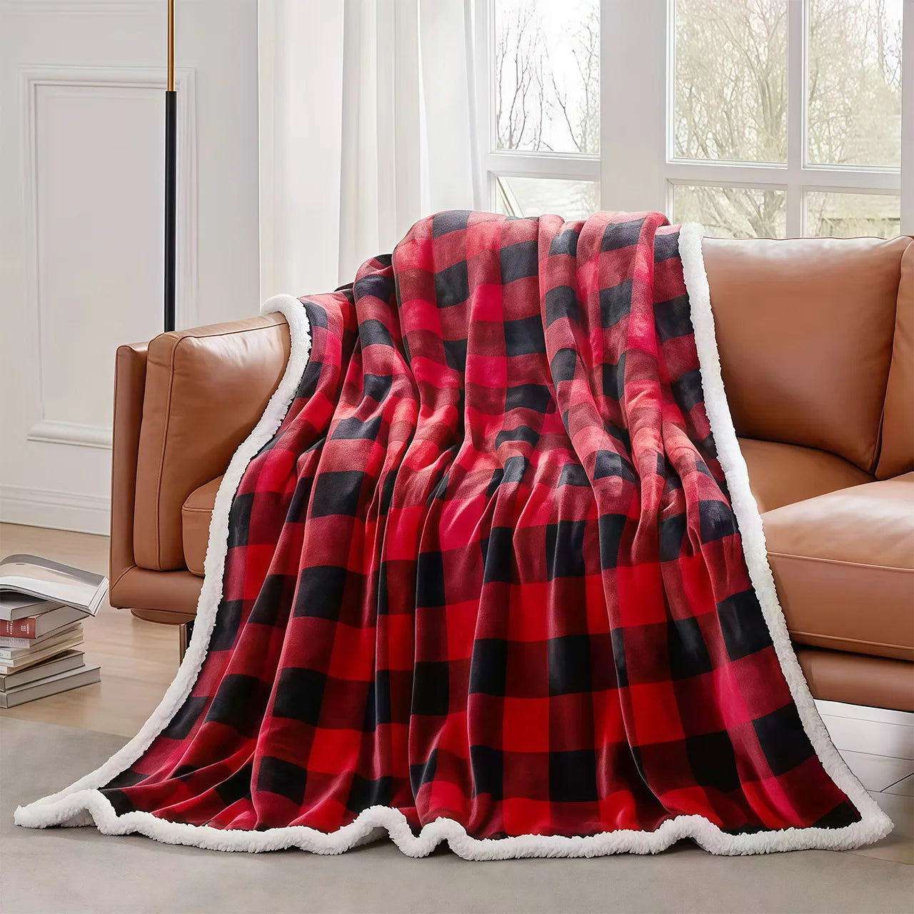 1pc Cozy Sherpa Fleece Buffalo Plaid Blanket -  Machine Washable,