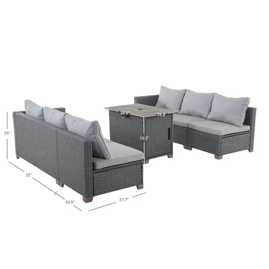 5 Pieces Wicker Outdoor Furniture Set,Patio Furniture Set with CSA Certification Fire Pit Table,Modular Sectional Sofa Sets wit
