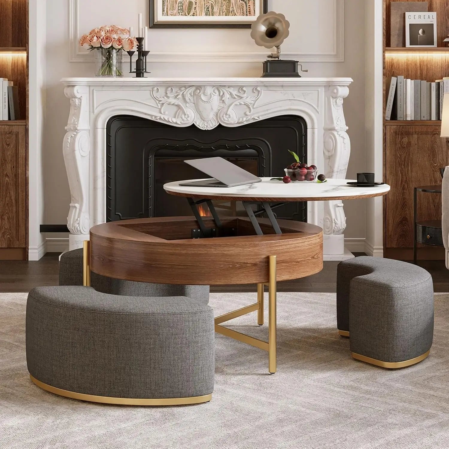 Coffee Table with 3 Stool, Lift-Top Round Coffee Table with Hidden Storage