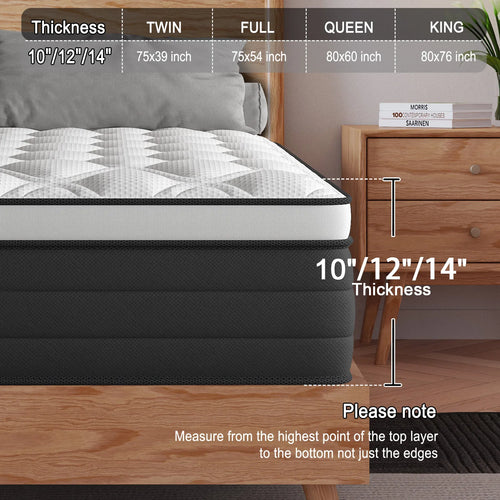12 Inch Twin Full King Queen Mattress in A Box, Hybrid Memory Mattresses Euro Top Medium Firm for Back & Lumbar Support