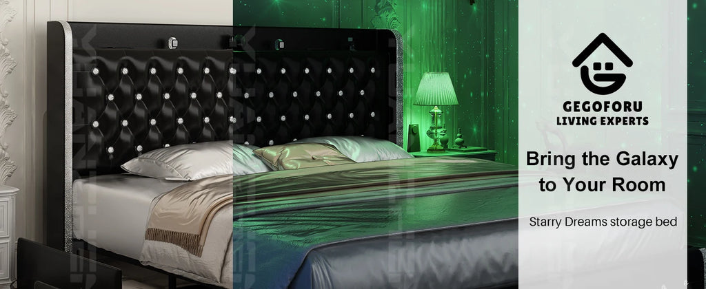 GEGOFORU LED Bed Frame with Galaxy Projector, Bluetooth Speaker, USB Ports, 4 Drawers, No Box Spring Needed, PU Black