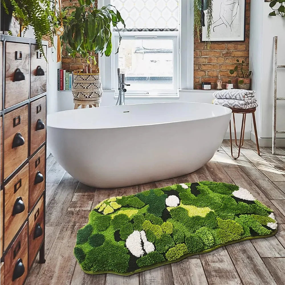 Cute Green Moss Bathroom Runner Rug  Boho Aesthetic Leaf Leaves  Non Slip Absorbent