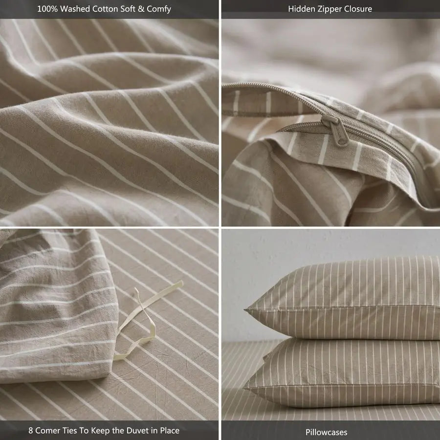 Striped Duvet Cover Set 100 Washed Cotton Linen Like Textured Breathable Durable Soft Comfy Tannish Linen Grey White Wide Stripe