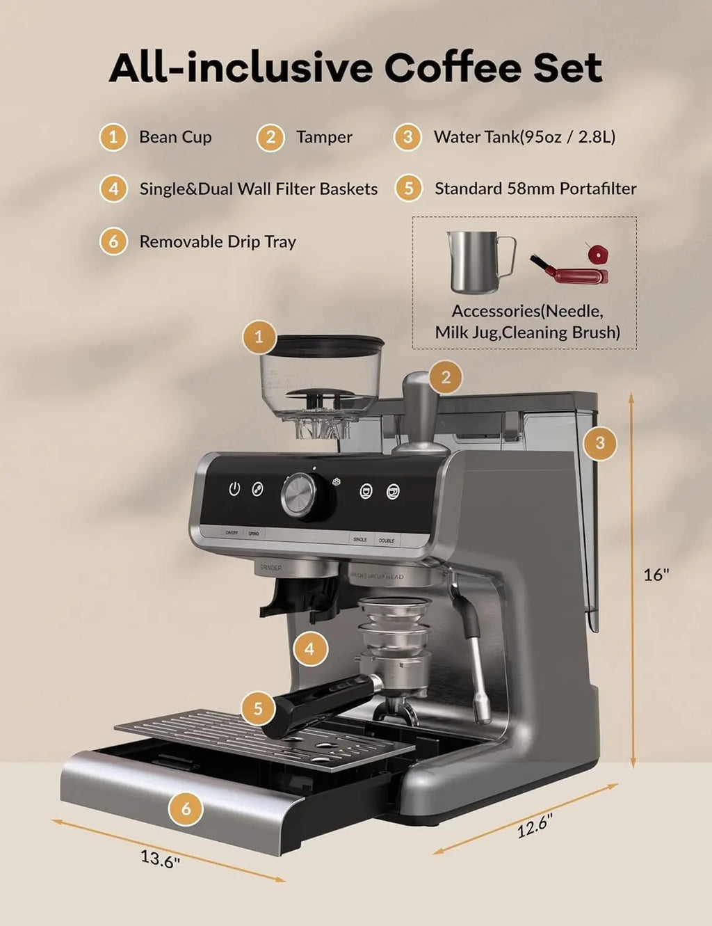20 Bar Coffee Machine 1450W Semi Automatic Espresso Maker with Grinder