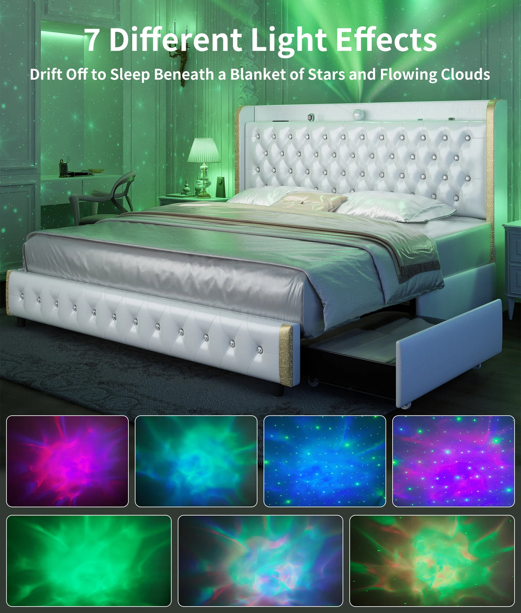 GEGOFORU LED Bed Frame with Galaxy Projector, Bluetooth Speaker, USB Ports, 4 Drawers, No Box Spring Needed, PU Black