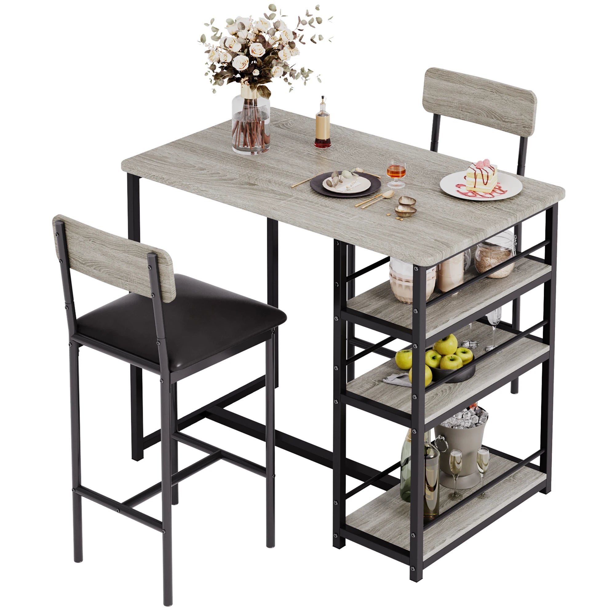 Dining Table Set with 3-Tier Shelves Bar Kitchen Table Set with 2 Padded Chairs