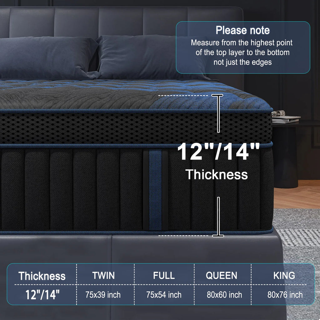 12"Gel Memory Foam Hybrid Pocket Spring Mattress ,Twin ,Full, Queen. King Bed Mattress In A Box, Medium Firm