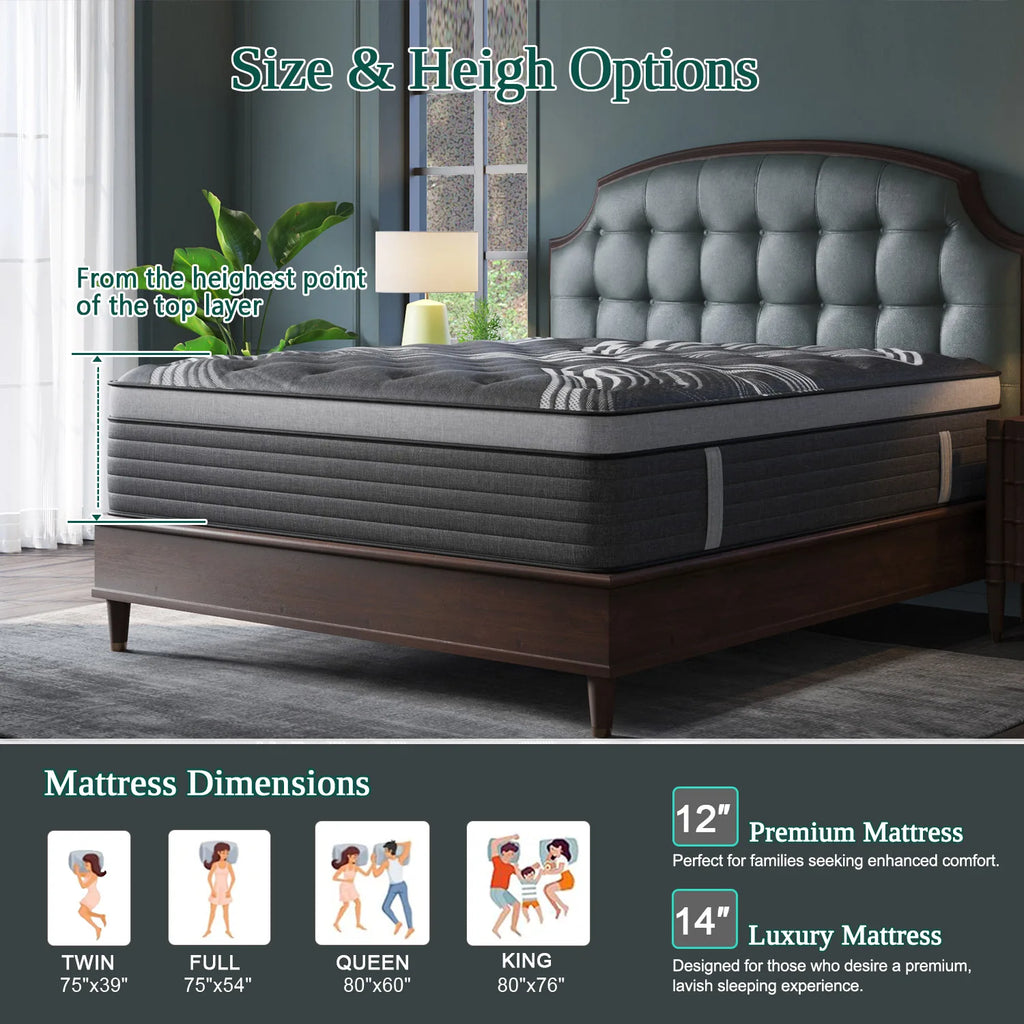 12"14" Gel Memory Foam Hybrid Pocket Spring Mattress Twin Full Queen