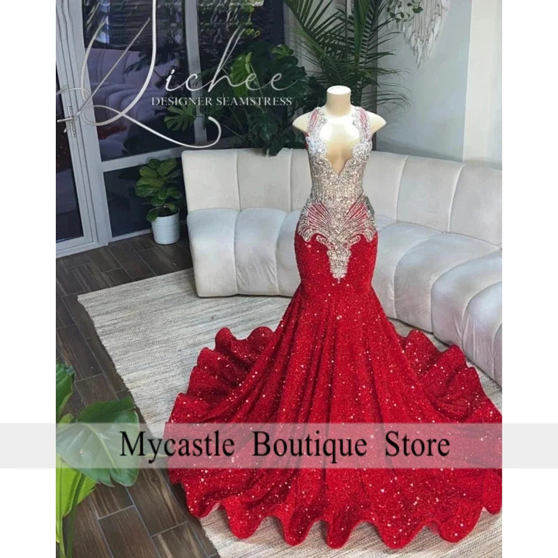 Customized Glitter Red Mermaid Prom Dress 2026 Black Girls Sequins Diamond Crystal Beaded Evening Birthday Party Gown