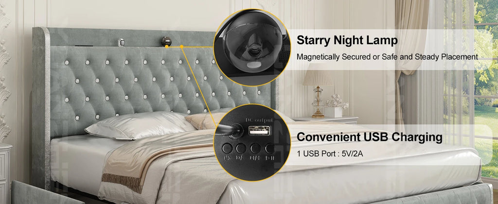 GEGOFORU LED Bed Frame with Galaxy Projector, Bluetooth Speaker, USB Ports, 4 Drawers, No Box Spring Needed, PU Black