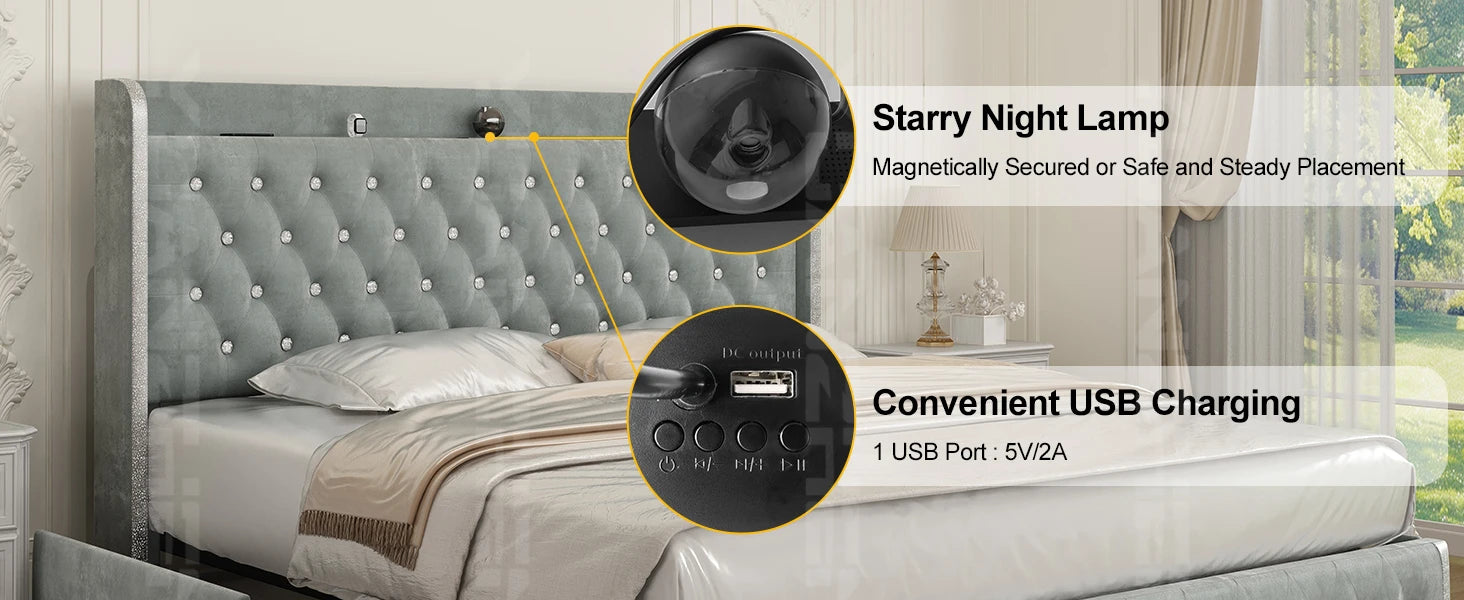 GEGOFORU LED Bed Frame with Galaxy Projector, Bluetooth Speaker, USB Ports, 4 Drawers, No Box Spring Needed, PU Black