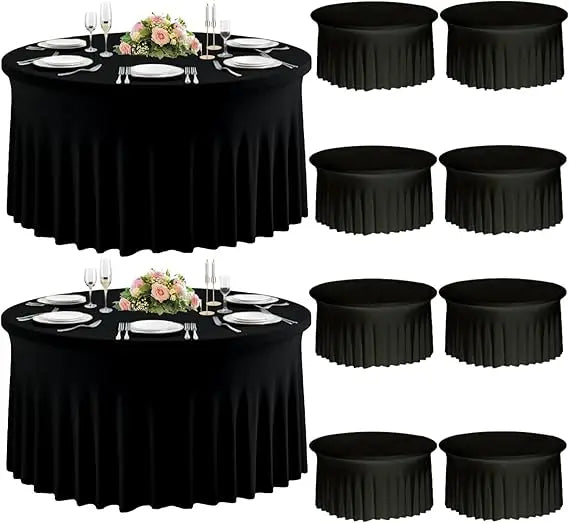 Set of 10 Black Spandex Round Table Covers for 60 Tables, Elastic 120 Fitted 5FT Round Tablecloths, Wrinkle Resistant and Washab