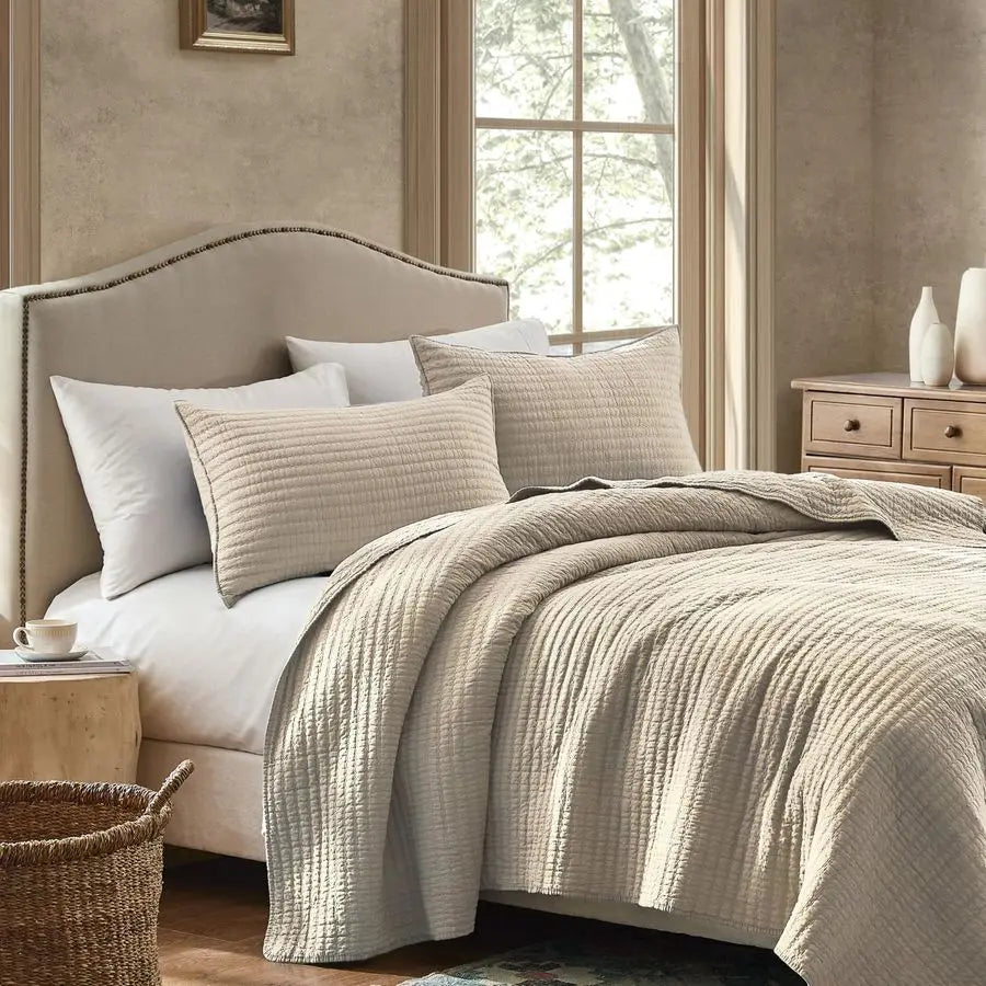 100 Cotton Queen Size Quilt Set Beige Neutral Striped Pick Stitch Soft Lightweight Bedspread, Textured Like Linen, Farmhouse Cou
