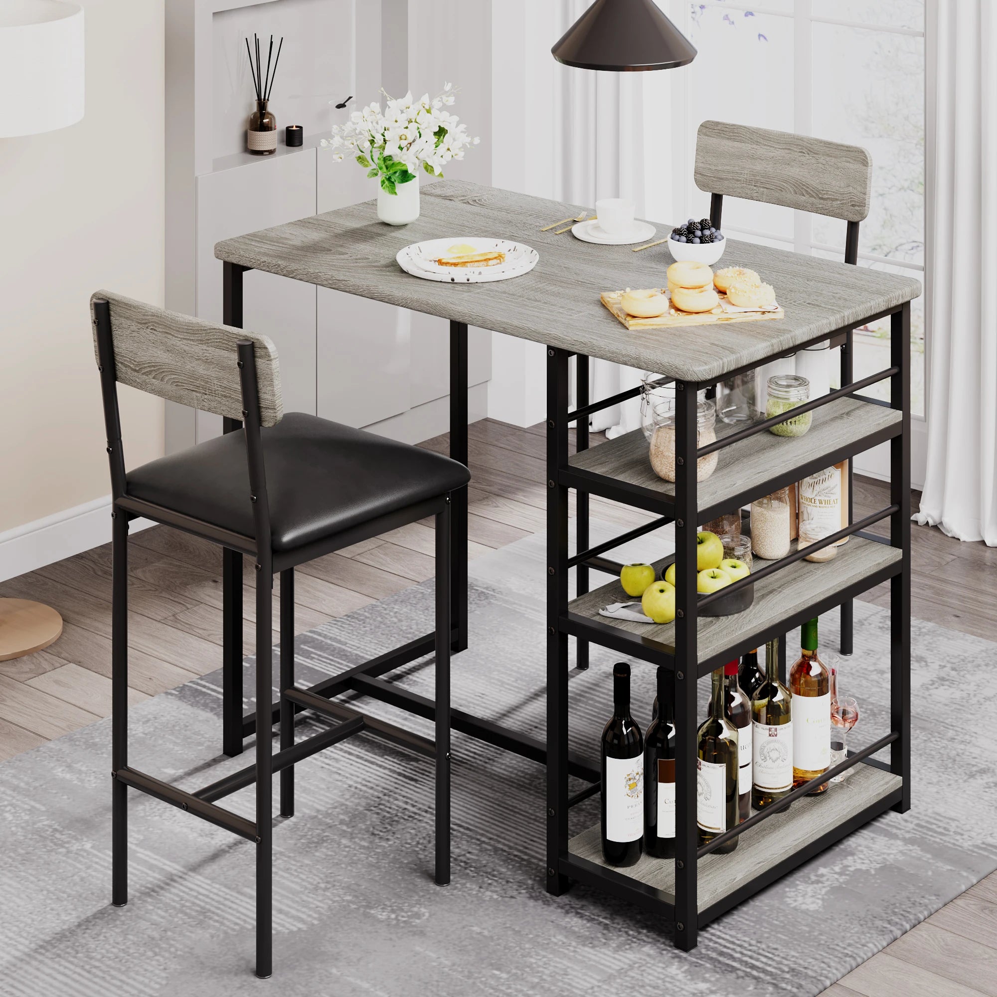 Dining Table Set with 3-Tier Shelves Bar Kitchen Table Set with 2 Padded Chairs