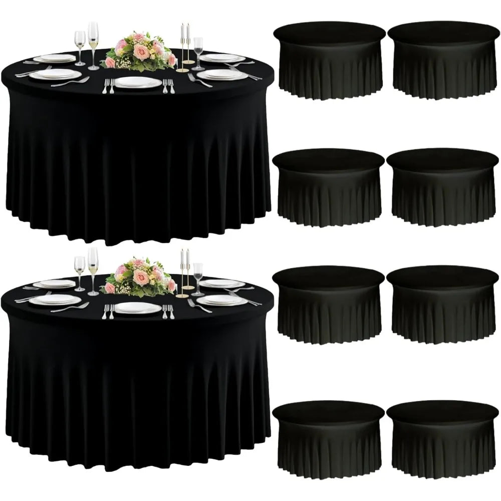 Set of 10 Black Spandex Round Table Covers for 60 Tables, Elastic 120 Fitted 5FT Round Tablecloths, Wrinkle Resistant and Washab