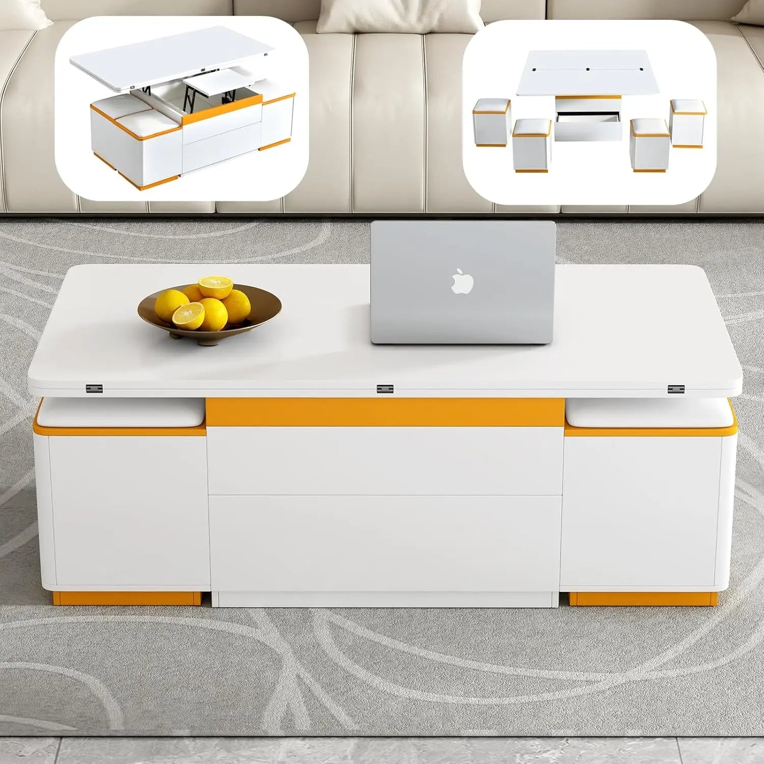 Coffee Table with 3 Stool, Lift-Top Round Coffee Table with Hidden Storage