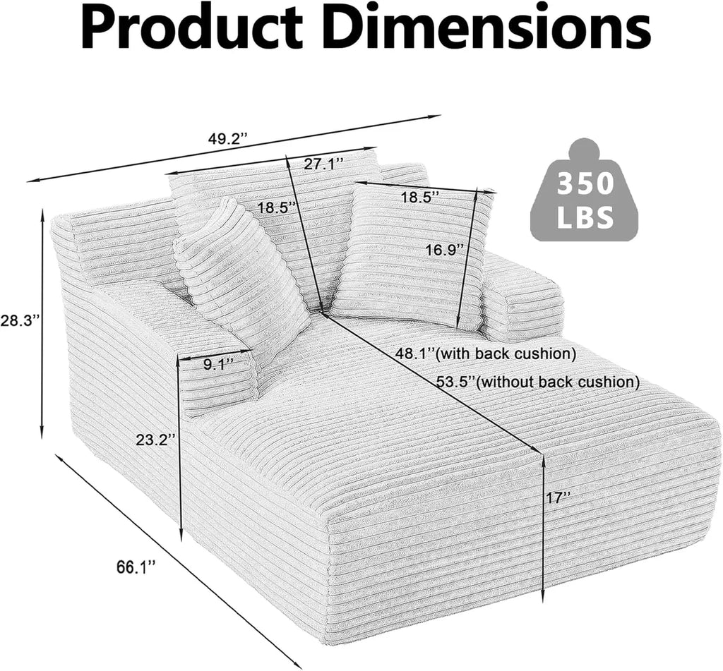 Oversized Chaise Lounge Chair with 3 Comfy Pillows for Living Room Bedroom, Wide Arms Corduroy Fabric High-Density